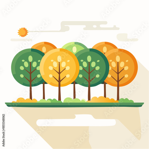 Stylized Autumnal Forest Scene with Sun and Clouds Illustration.