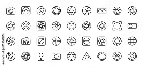 Photography line icon set including vector pictograms of cameras, shutter iris, aperture blades, focus targets, lenses, and optical sensors in a thin outline style.
