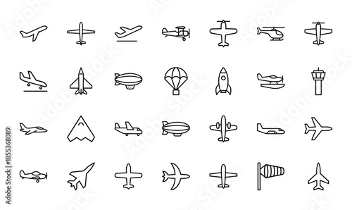 Aviation line icon set. Vector pictograms of commercial airplane, helicopter, rocket, zeppelin, glider, stealth jet, biplane, and seaplane, thin outline illustration.