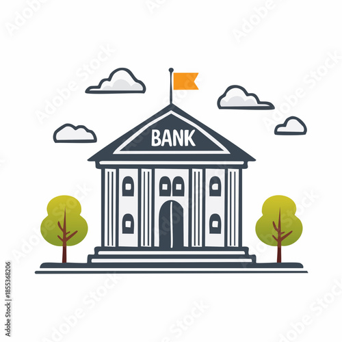 Stylized Bank Building with Flag and Clouds Illustration.