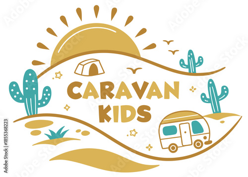 Caravan Kids summer adventure logo for family travel and camping with trailer, tent, cactus and sun, perfect for children's apparel and vacation designs