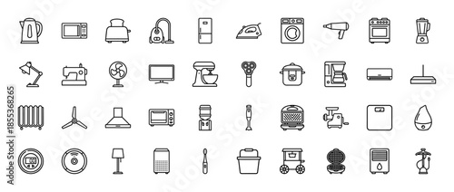 Home appliances line icon set. Vector pictograms of kettle, microwave, toaster, vacuum, refrigerator, washing machine, hair dryer, stove, blender, and fan illustration.