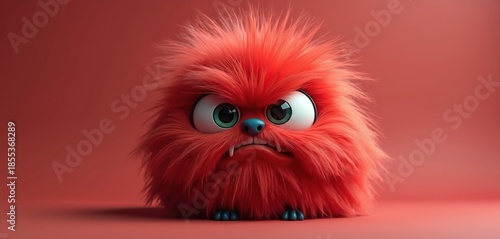 Fluffy red creature with big eyes and grumpy expression sits still. Round cartoon monster has blue nose and tiny teeth. Furry character looks unhappy on red background.