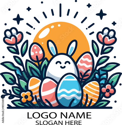  Easter bunny wreath logo icon vector white background