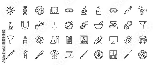 Laboratory science line icon set featuring vector pictograms of microscope, dna, bacteria, test tubes, petri dish, syringe, pipette, and flask in thin outline style.