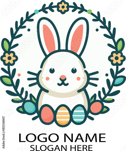  Easter bunny wreath logo icon vector white background