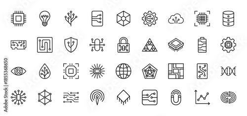 Artificial intelligence and technology line icon set. Vector pictograms of microprocessor, cloud computing, circuit board, security lock, and biotech dna, outline illustration.
