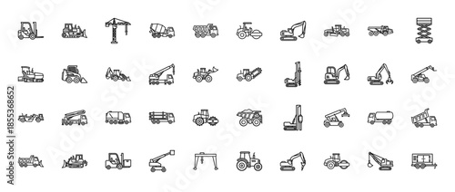 Construction vehicle and heavy machinery icon set. Vector pictograms of excavator, bulldozer, crane, forklift, dump truck, and tractor, thin outline illustration.
