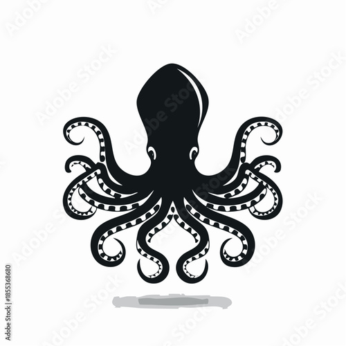 Stylized Black Octopus with Curled Tentacles and White Accents.