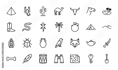 Desert adventure and safari line icon set. Vector pictograms of pyramid, scorpion, cactus, camel, snake, oasis, dunes, and tent, thin outline illustration.