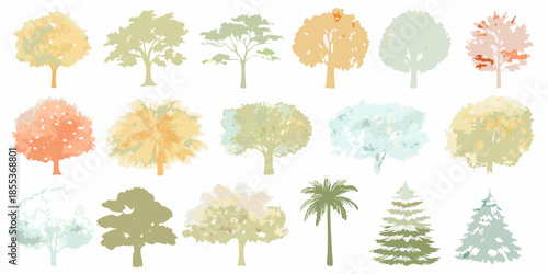A collection of colorful stylized trees in various shapes and shades