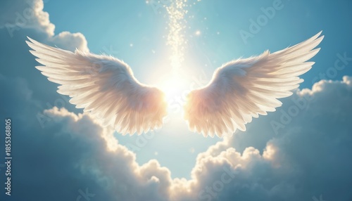 Pair of ethereal white angel wings spread open against a bright sunlit sky with clouds. Light flares and sparkles descend from above, creating a heavenly scene.