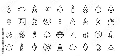 Fire and flame line icon set. Vector pictograms of bonfire, candle, torch, match, volcano, fireball, furnace, gas, and spark, thin outline illustration.