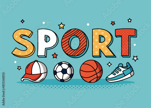 Vibrant sport themed design featuring a cartoon style cap, soccer ball, basketball, and sneaker, perfect for promoting athletic activities and healthy lifestyles