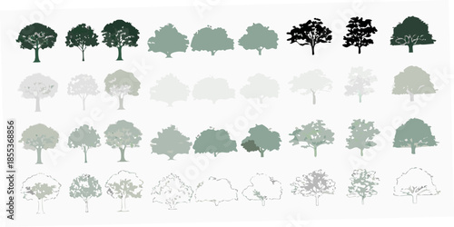 Variety of tree silhouettes displayed in a grid arrangement of different shades