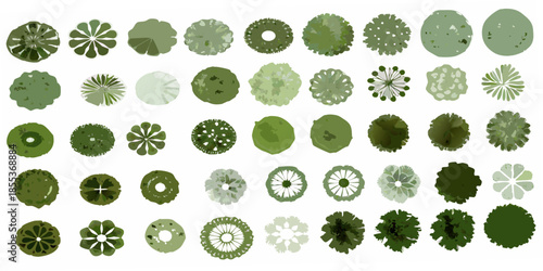 A collection of diverse green tree top views arranged in a grid pattern