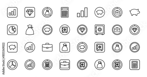 Finance and business line icon set. Vector pictograms of bar chart, pie graph, money bag, calculator, piggy bank, briefcase, safe, diamond, thin outline illustration.
