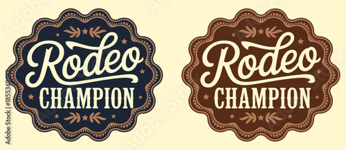 Rodeo Champion Cowboy Belt Buckle Emblem, Including Bull Rider Medal, Ornate Typography, Western Rodeo Theme, Sports Award Design