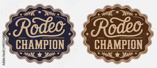 Rodeo Champion Cowboy Belt Buckle Emblem, Featuring Bull Rider Medal and Ornate Typographic Design, Perfect for Western Branding, Sports Awards, Apparel Graphics, Event Logos, Posters, and Detailed Ve