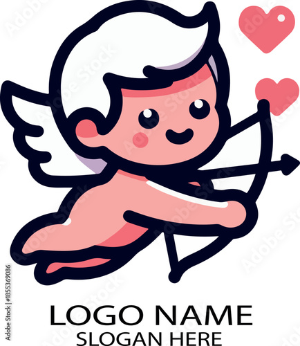 Cute cartoon cupid character holding a heart and using a bow and arrow in a fun vector illustration