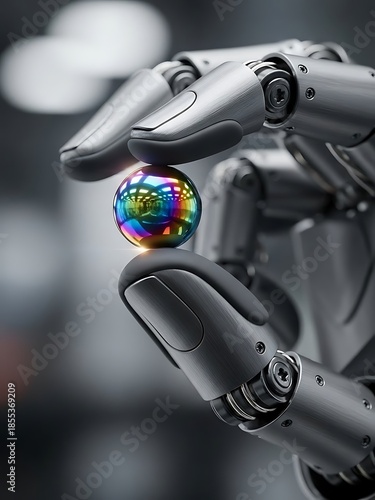 Robotic hand delicately balancing a vibrant iridescent sphere of light