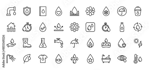 Water and liquid line icon set. Vector pictograms of tap, rain, drop, bottle, shower, leaf, heart, fire, fish, eye, and plumbing, thin outline illustration.