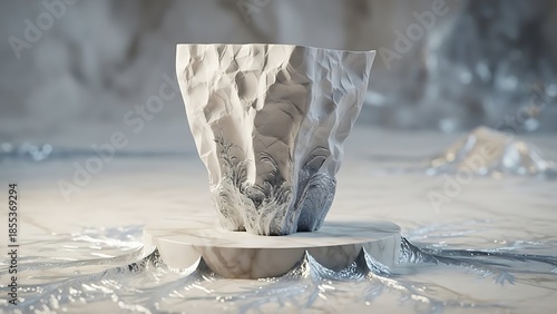 Sculptural Formed Object Amidst Rippling Reflections and Frozen Elements