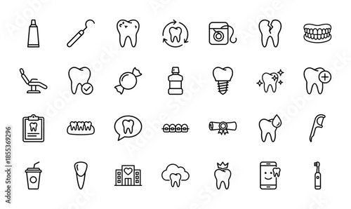 Dental care line icon set featuring vector pictograms of teeth, toothbrush, floss, braces, mouthwash, implants, and clinic equipment in thin outline style illustration.