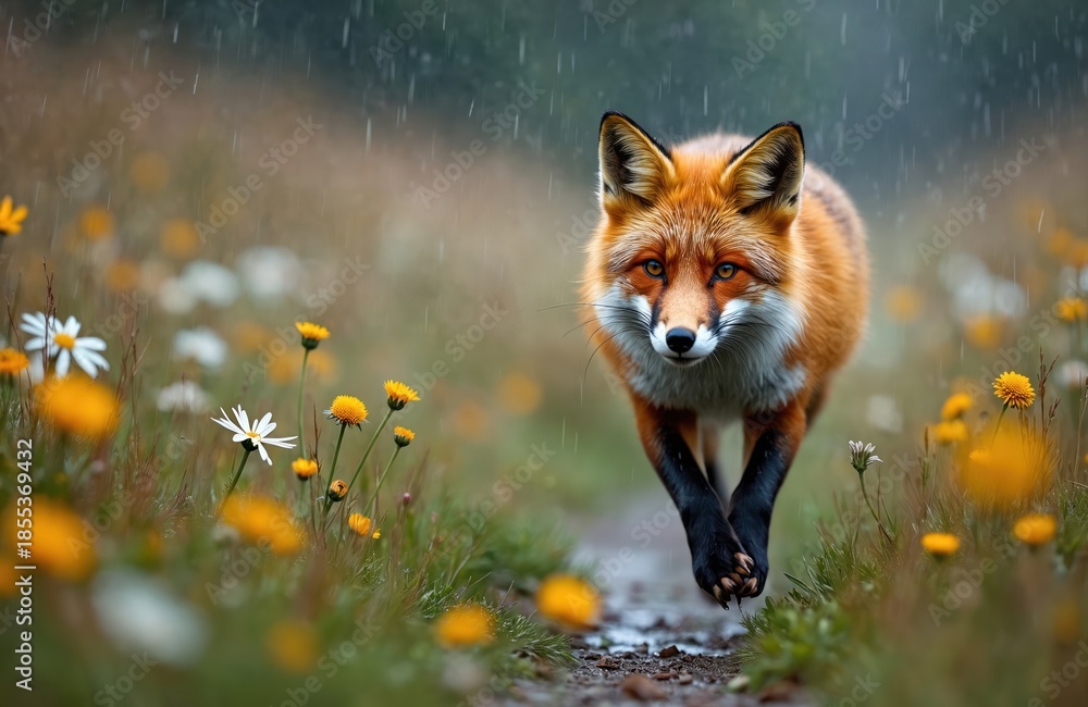 Fototapeta premium Red fox walks on wet meadow path full of yellow and white flowers during a grey rainy day. The wild mammal has orange fur and dark paws. It looks towards the camera with intense orange eyes.