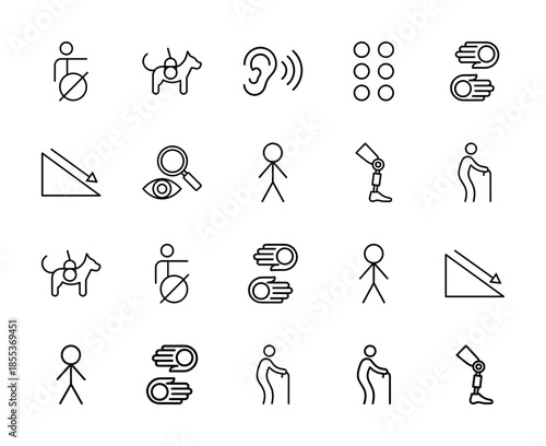 Accessibility and disability line icon set. Vector pictograms of wheelchair, guide dog, hearing aid, braille, sign language, ramp, prosthetic leg, and cane illustration.