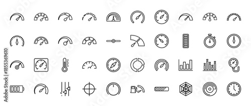 Dashboard and performance line icon set. Vector pictograms of speedometer, gauge, battery, compass, timer, thermometer, fuel level, and chart, thin outline illustration.