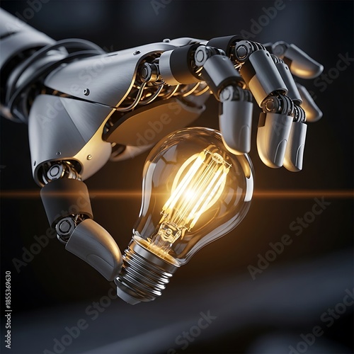 Technological innovation gleaming from a robotic grasp holding lightbulb