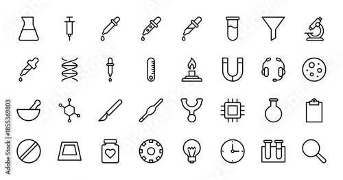 Laboratory science line icon set featuring vector pictograms of flask, syringe, dna, microscope, thermometer, magnet, molecule, and beaker in thin outline illustration.