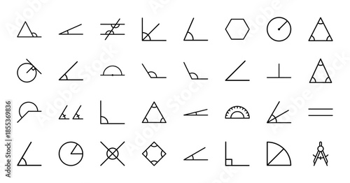 Geometry and mathematics line icon set. Vector pictograms of angles, triangles, parallel lines, protractor, compass and geometric shapes, thin outline illustration.