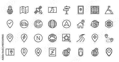 Navigation and location line icon set. Vector pictograms of map, globe, satellite, mountain, radar, road, and tracking pin, thin outline illustration.