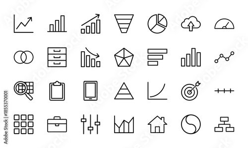 Business and data analytics line icon set. Vector pictograms of charts, graphs, funnel, pie, pyramid, target, folder, and dashboard, thin black outline illustration.