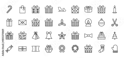 Christmas gift and holiday line icon set. Vector pictograms of presents, candy cane, sleigh, mistletoe, snow globe, bell, star, wreath, and stocking, outline illustration.