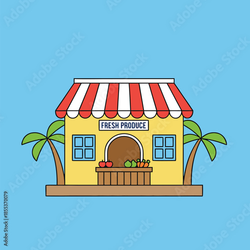 Fresh Produce Market Stall with Palm Trees.