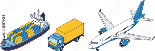 Logistics transportation illustration, cargo ship truck airplane delivery system, global freight shipping concept, modern isometric vector design