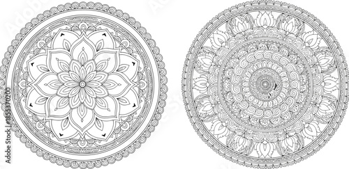 Mandala ornament illustration set, circular floral patterns, intricate decorative round designs, meditation art elements, black and white line artwork