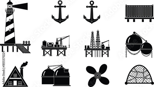 Marine and harbor industrial icons set, lighthouse anchor oil rig shipyard elements, nautical industry symbols, black silhouette illustration