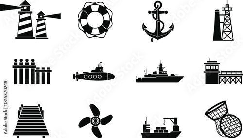 Marine and nautical icons set with lighthouse, anchor, submarine, ships and harbor elements, black silhouette maritime illustration