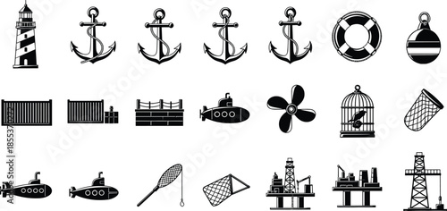 Marine nautical silhouette icon set, lighthouse anchor submarine fishing offshore oil platform sea transportation black vector illustration collection