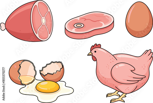 Meat and poultry food illustration set, chicken beef steak egg collection, protein rich ingredients, farm animal products graphic