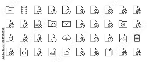 File interface line icon set. Vector pictograms of folder, database, document, mail, cloud, security, analytics, code, image, video, search, thin outline illustration.