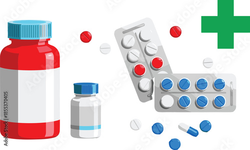 Medical pills and medicine bottles with pharmacy cross symbol, healthcare treatment drugs illustration isolated on white background