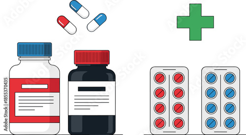 Medical pills and medicine bottles, pharmaceutical capsules blister packs, healthcare treatment concept, pharmacy supplies illustration, isolated on white