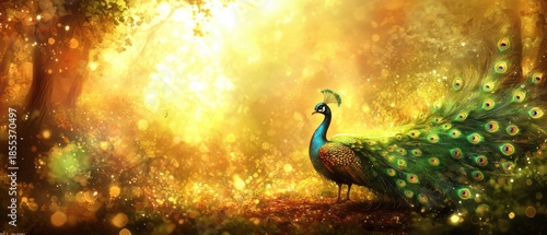 A peacock stands in a forest with a long, colorful tail. Sunlight shines through the trees. AI.