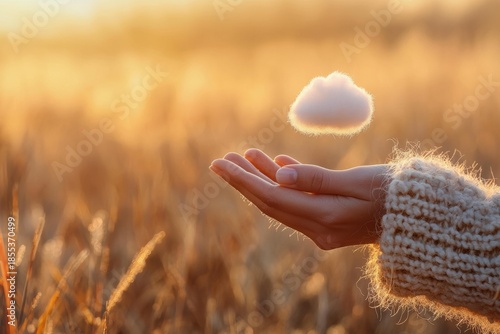 A small white cloud floats above an open hand, backlit by golden light in a field of tall grass. AI.