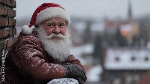Man with a long white beard wears a red hat and brown coat outside on a snowy day. AI.